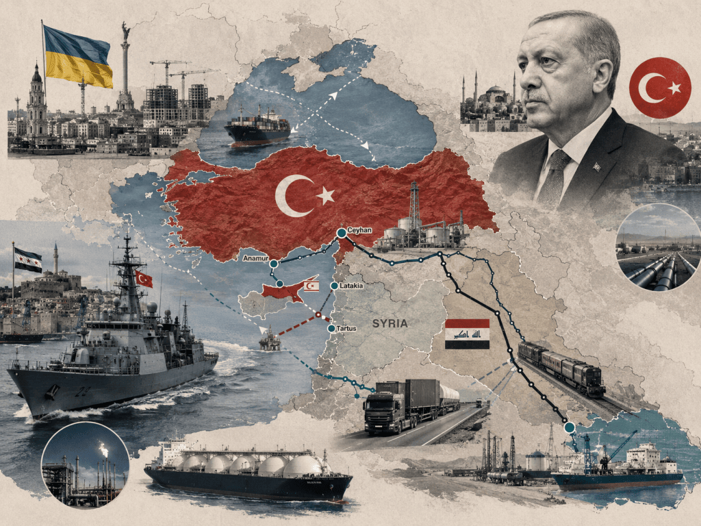 Türkiye, Ukrayna, Suriye ve Irak’ı limanlar, enerji hatları, kara yolu ve demir yolu güzergâhlarıyla birbirine bağlayan bölgesel ticaret ve lojistik koridorunu gösteren jeopolitik kolaj.
