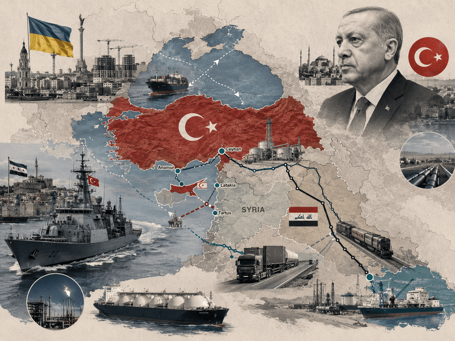 Türkiye, Ukrayna, Suriye ve Irak’ı limanlar, enerji hatları, kara yolu ve demir yolu güzergâhlarıyla birbirine bağlayan bölgesel ticaret ve lojistik koridorunu gösteren jeopolitik kolaj.