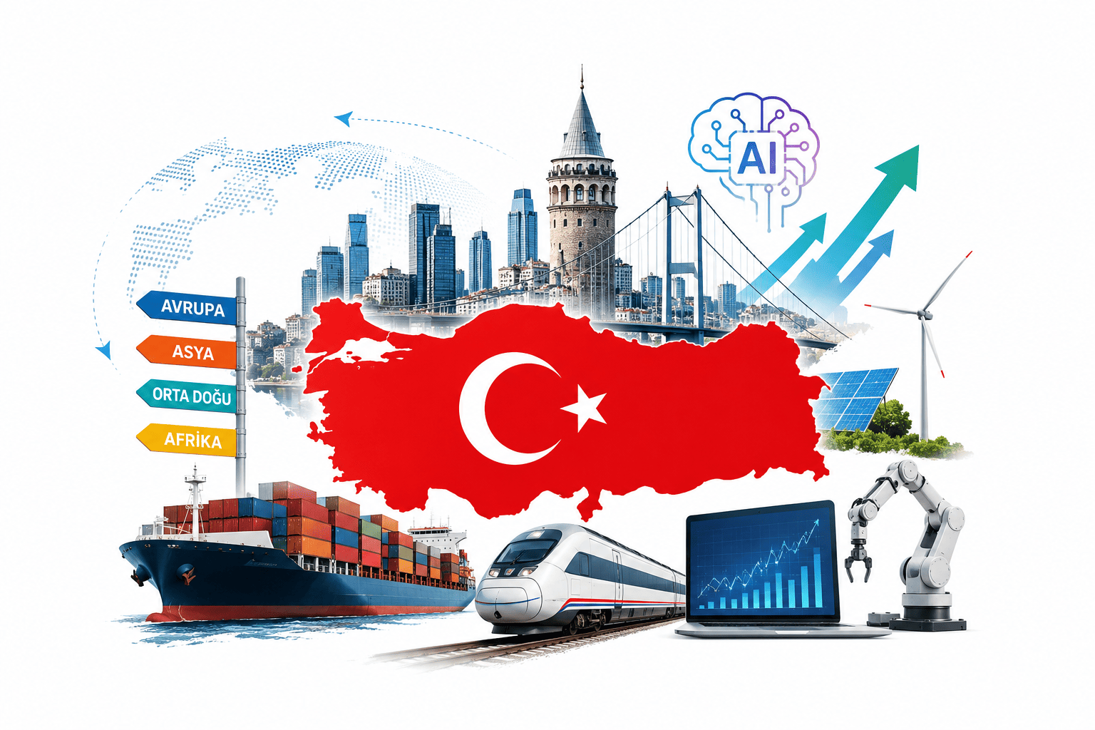 Türkiye haritası etrafında İstanbul, lojistik, yapay zekâ, teknoloji, sanayi, demir yolu, deniz taşımacılığı ve yenilenebilir enerji unsurlarını gösteren ekonomik kalkınma kolajı.