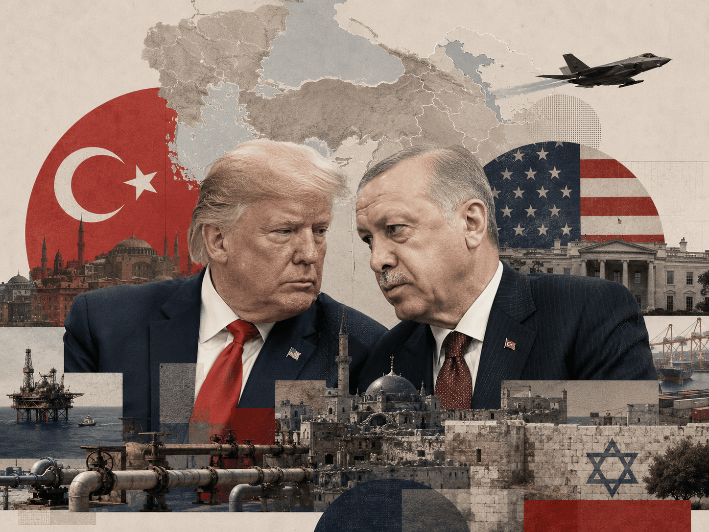 Recep Tayyip Erdoğan ile Donald Trump’ın yakın temasını; Türkiye ve ABD bayrakları, F-35 savaş uçağı, Suriye, enerji hatları ve İsrail sembolleriyle bir araya getiren editoryal kolaj