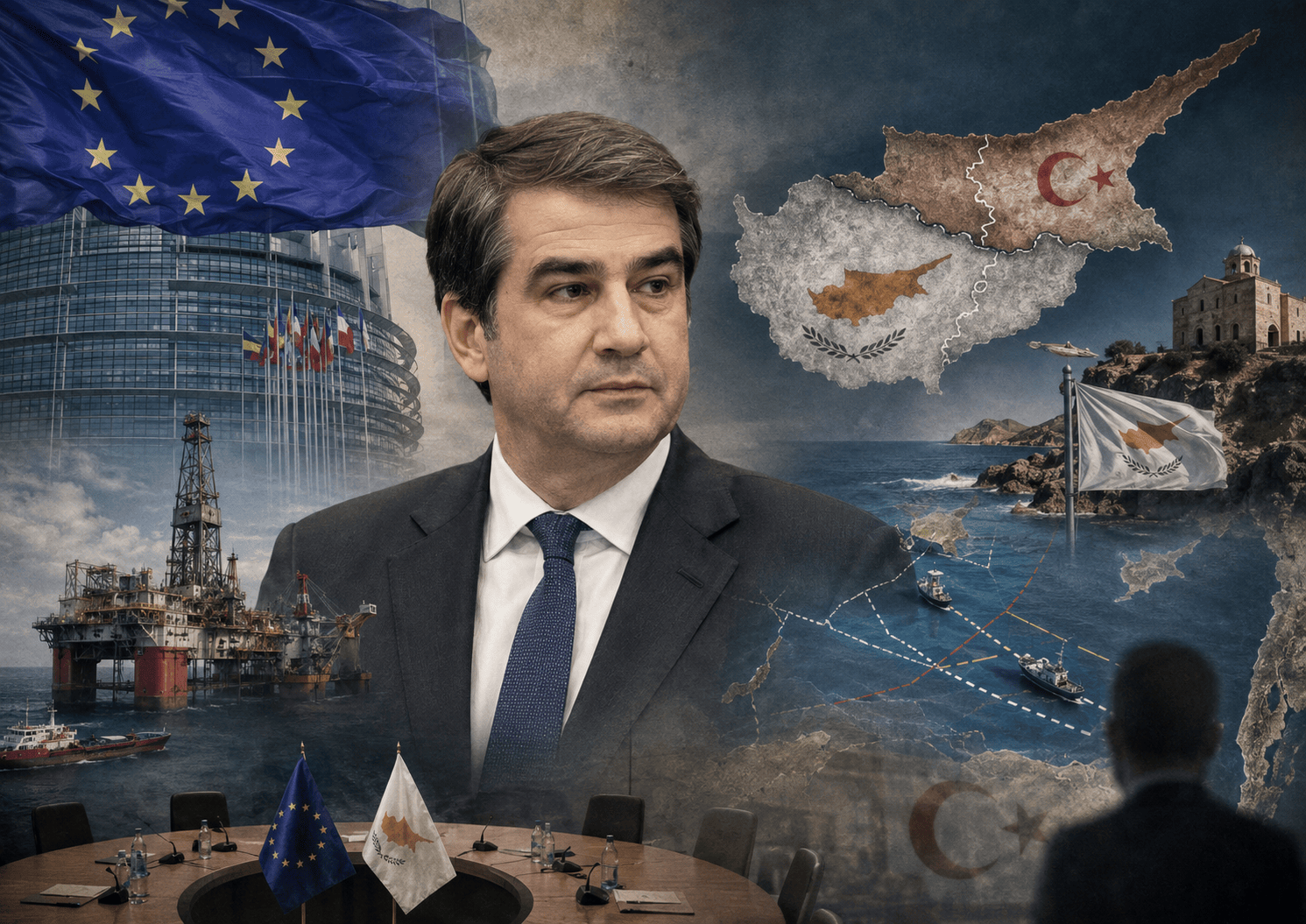 Raffaele Fitto’nun merkezde yer aldığı; AB bayrağı, Avrupa Parlamentosu binası, bölünmüş Kıbrıs haritası, Doğu Akdeniz’de enerji sahaları ve deniz yetki alanlarını gösteren gerçekçi siyasi kolaj