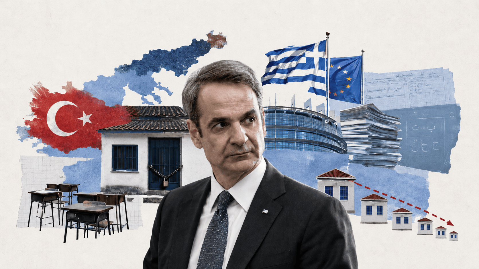 Yunanistan Başbakanı Kiryakos Miçotakis, kapalı bir okul binası, boş sıralar, Yunanistan ve AB bayrakları, Batı Trakya haritası ve Türkiye bayrağını bir araya getiren minimalist siyasi kolaj