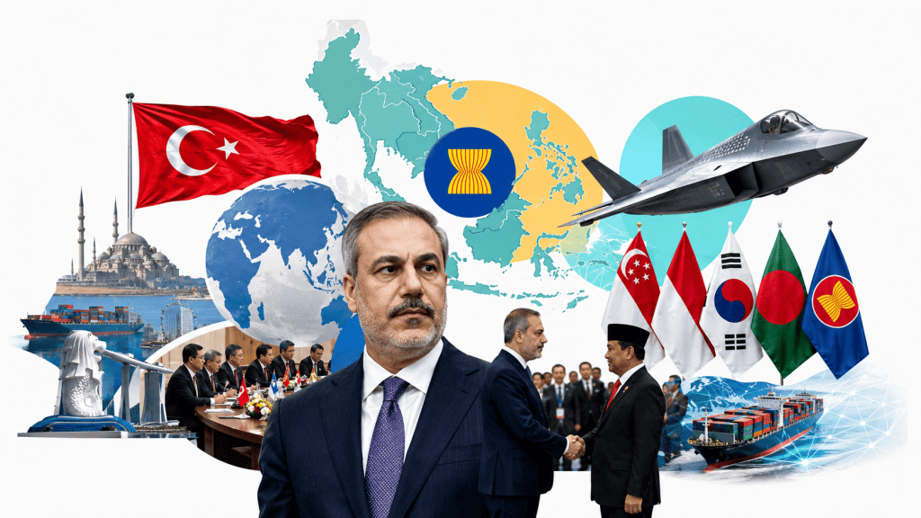 Hakan Fidan’ın merkezde yer aldığı, Türkiye ve ASEAN bayrakları, Güneydoğu Asya haritası, KAAN savaş uçağı, diplomatik görüşmeler ve ticaret gemileriyle Türkiye’nin Asya açılımını anlatan kolaj.