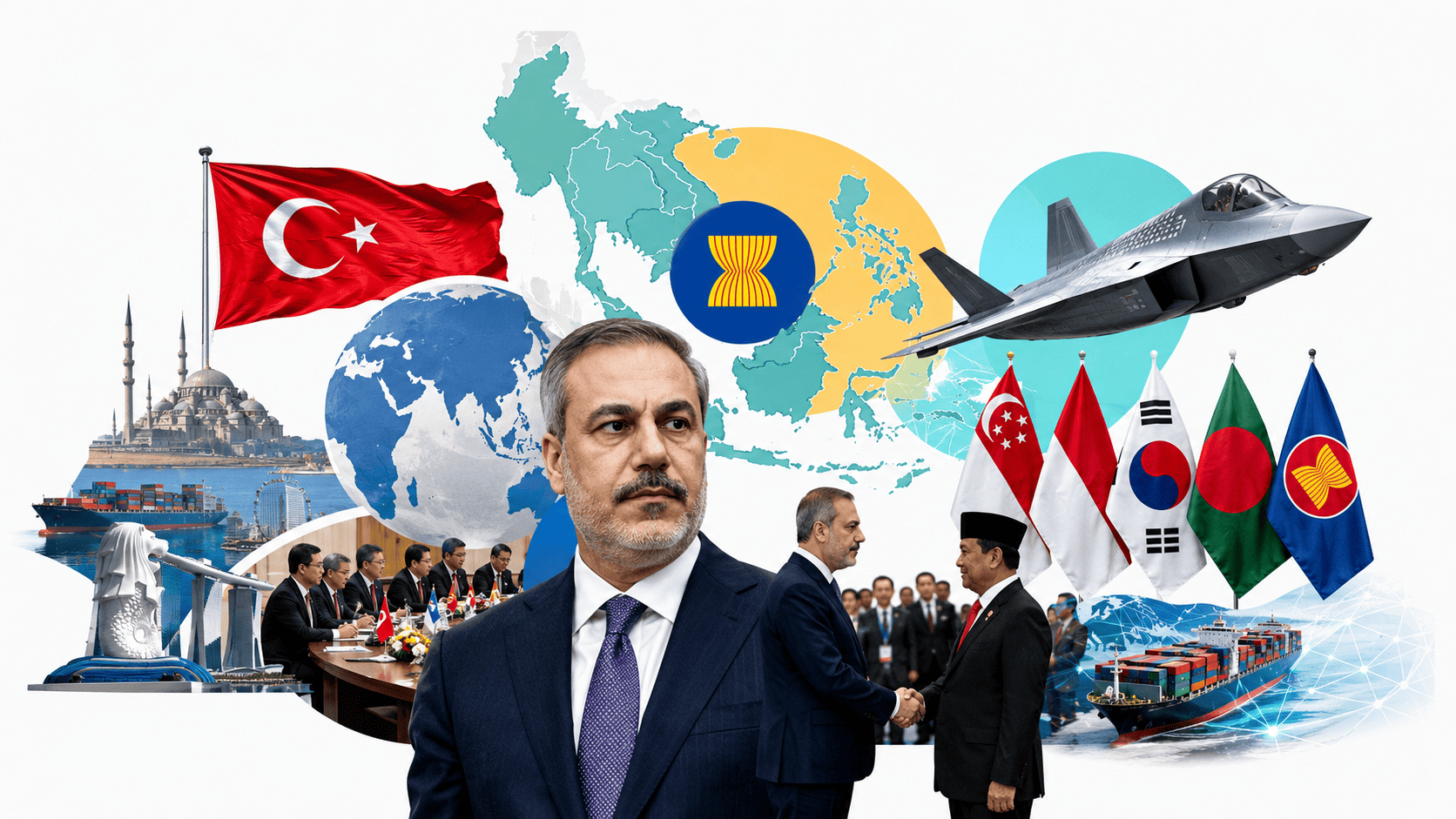 Hakan Fidan’ın merkezde yer aldığı, Türkiye ve ASEAN bayrakları, Güneydoğu Asya haritası, KAAN savaş uçağı, diplomatik görüşmeler ve ticaret gemileriyle Türkiye’nin Asya açılımını anlatan kolaj.