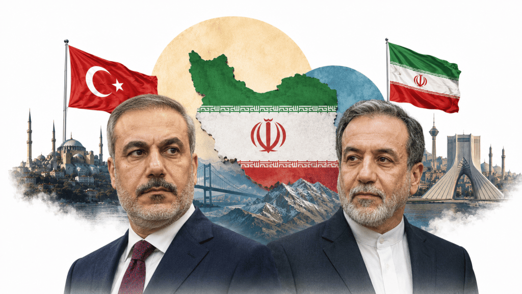 Hakan Fidan ve Abbas Arakçi’nin ön planda yer aldığı; Türkiye ve İran bayrakları, İran haritası, İstanbul ve Tahran silüetleriyle iki ülke arasındaki güvenlik ve jeopolitik dengeyi anlatan kolaj.