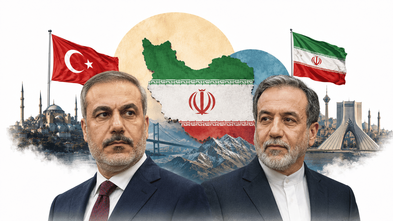 Hakan Fidan ve Abbas Arakçi’nin ön planda yer aldığı; Türkiye ve İran bayrakları, İran haritası, İstanbul ve Tahran silüetleriyle iki ülke arasındaki güvenlik ve jeopolitik dengeyi anlatan kolaj.