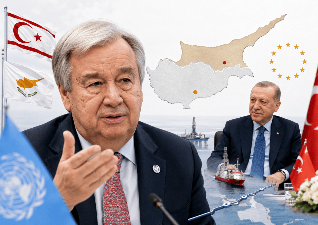 Antonio Guterres ve Recep Tayyip Erdoğan’ın yer aldığı, Kıbrıs haritası, BM ve Avrupa Birliği sembolleri, KKTC ve Kıbrıs bayrakları ile Doğu Akdeniz’deki enerji hatlarını gösteren gerçekçi editoryal kolaj.