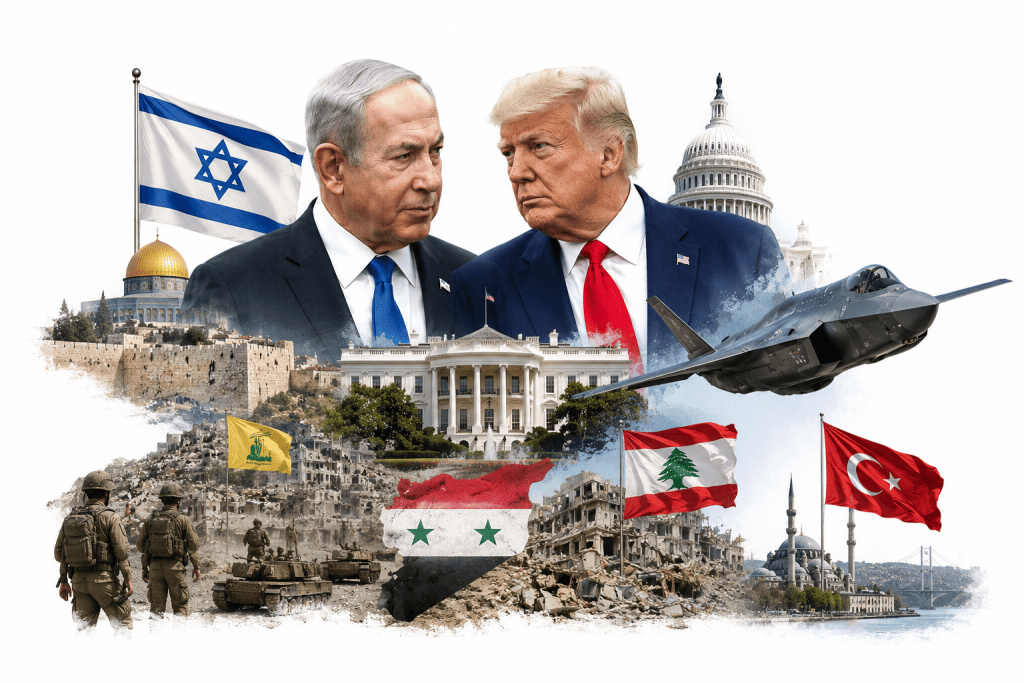 Donald Trump ve Binyamin Netanyahu'nun ön planda yer aldığı, Beyaz Saray, F-35 savaş uçağı, İsrail, Türkiye, Suriye ve Lübnan sembollerini içeren, Orta Doğu'daki diplomatik ve güvenlik gündemini anlatan editoryal kolaj.