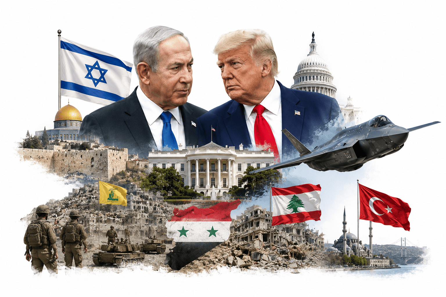 Donald Trump ve Binyamin Netanyahu'nun ön planda yer aldığı, Beyaz Saray, F-35 savaş uçağı, İsrail, Türkiye, Suriye ve Lübnan sembollerini içeren, Orta Doğu'daki diplomatik ve güvenlik gündemini anlatan editoryal kolaj.