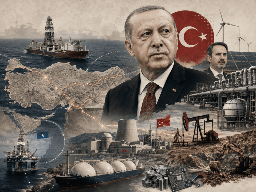 Türkiye haritası, sondaj gemileri, doğal gaz tesisleri, nükleer santral, petrol sahaları, madenler, güneş panelleri ve rüzgâr türbinlerinden oluşan enerji stratejisi kolajı.