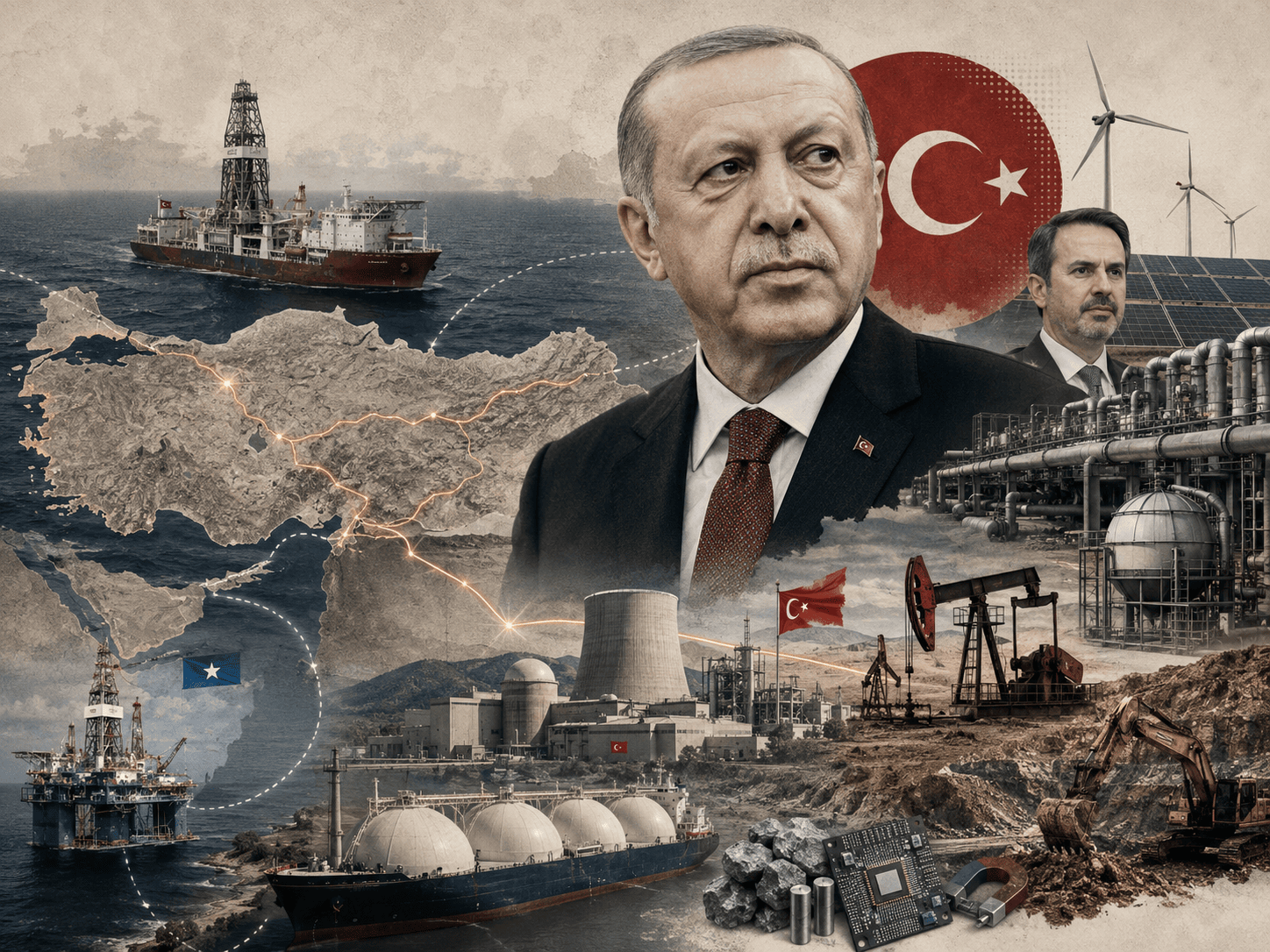 Türkiye haritası, sondaj gemileri, doğal gaz tesisleri, nükleer santral, petrol sahaları, madenler, güneş panelleri ve rüzgâr türbinlerinden oluşan enerji stratejisi kolajı.