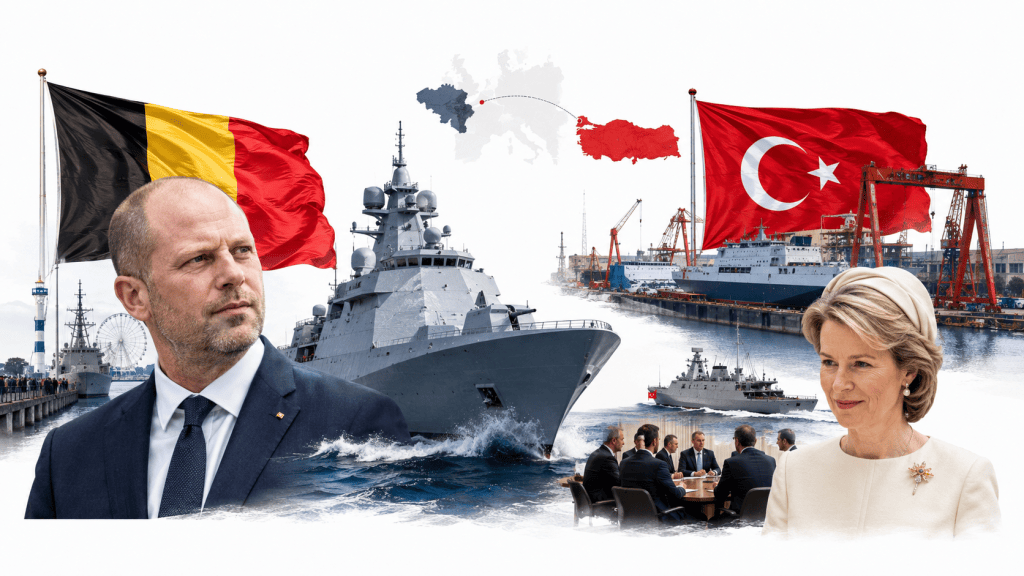 Belçika ve Türkiye bayrakları, modern savaş gemileri, tersane görüntüsü, Belçika Savunma Bakanı Theo Francken ve Kraliçe Mathilde’in yer aldığı savunma iş birliği kolajı.