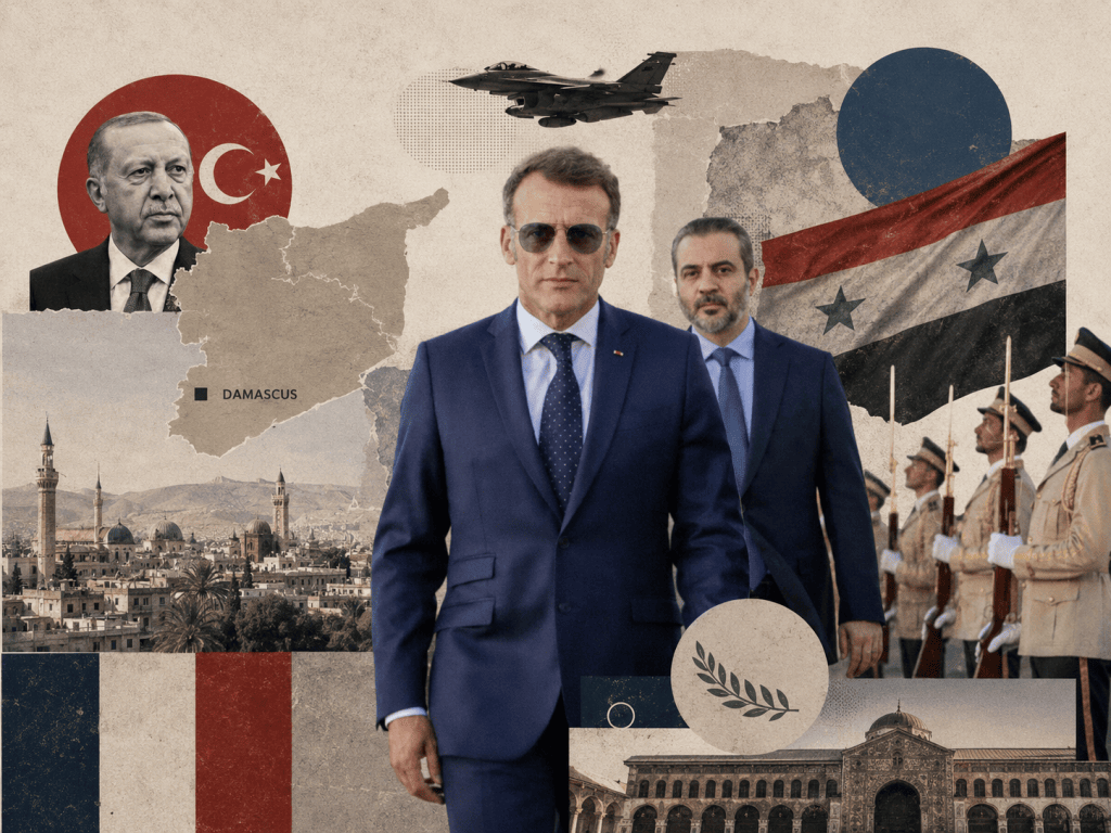 Emmanuel Macron’un Şam ziyaretini, Suriye haritasını, Erdoğan portresini, Fransa ve Suriye sembollerini bir araya getiren editoryal kolaj