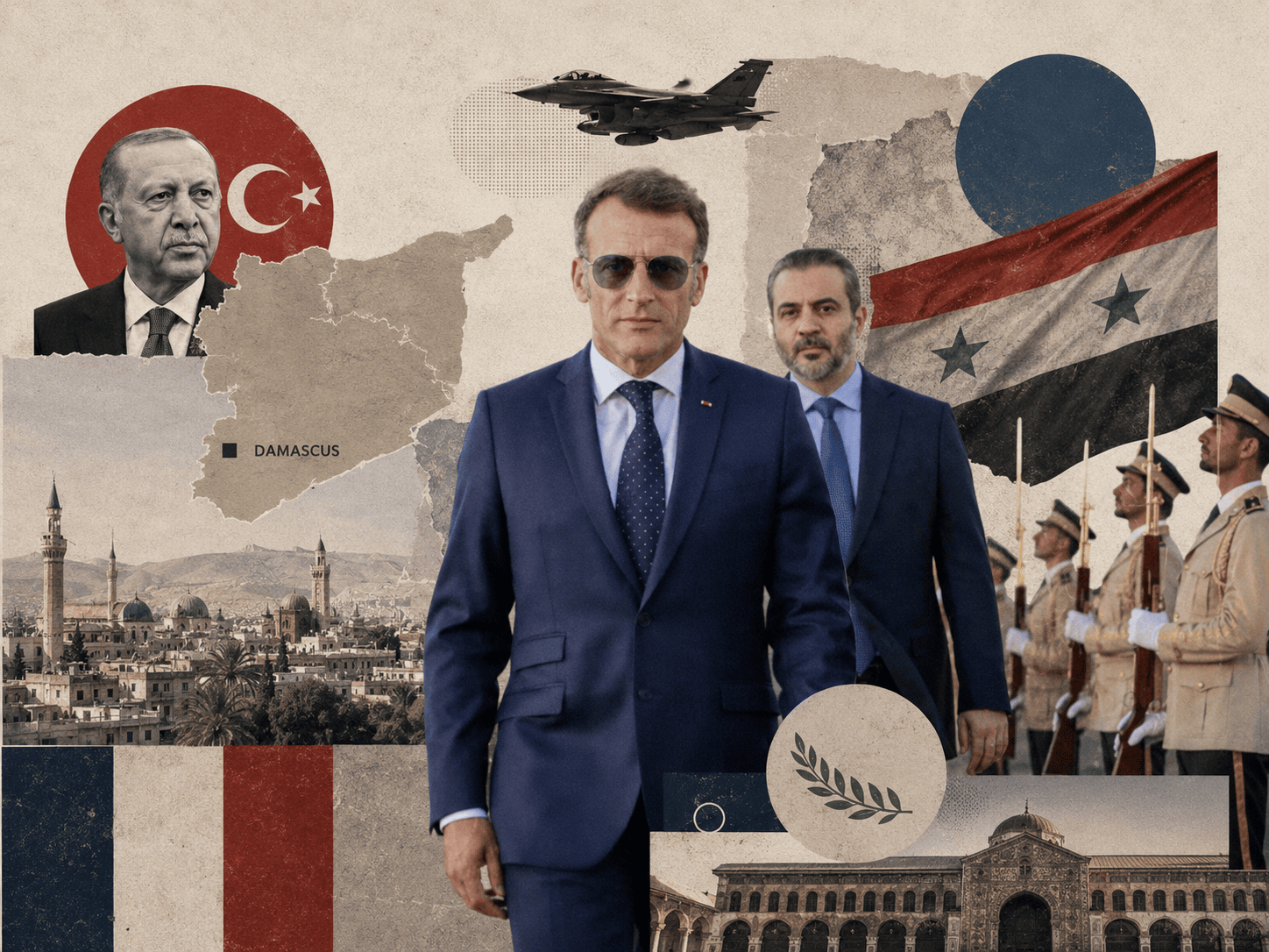 Emmanuel Macron’un Şam ziyaretini, Suriye haritasını, Erdoğan portresini, Fransa ve Suriye sembollerini bir araya getiren editoryal kolaj