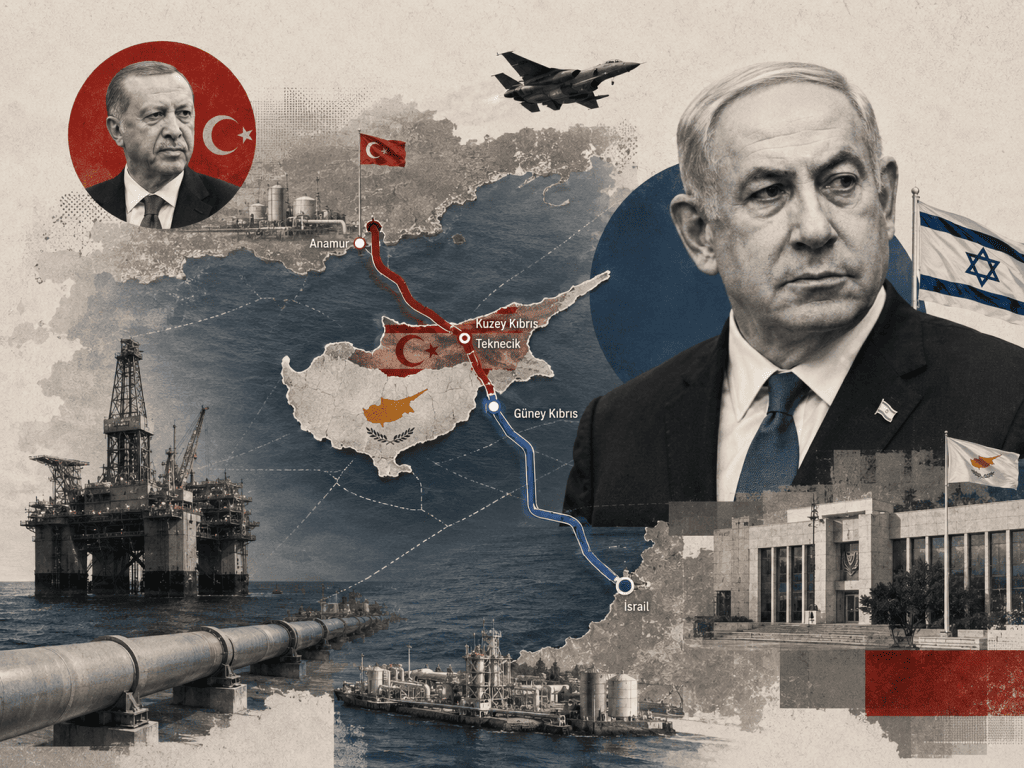Türkiye–KKTC ve İsrail–Güney Kıbrıs doğal gaz boru hattı projelerini, Recep Tayyip Erdoğan ve Binyamin Netanyahu portreleriyle gösteren Doğu Akdeniz enerji rekabeti kolajı.