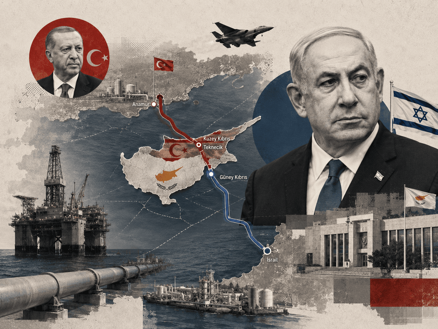 Türkiye–KKTC ve İsrail–Güney Kıbrıs doğal gaz boru hattı projelerini, Recep Tayyip Erdoğan ve Binyamin Netanyahu portreleriyle gösteren Doğu Akdeniz enerji rekabeti kolajı.