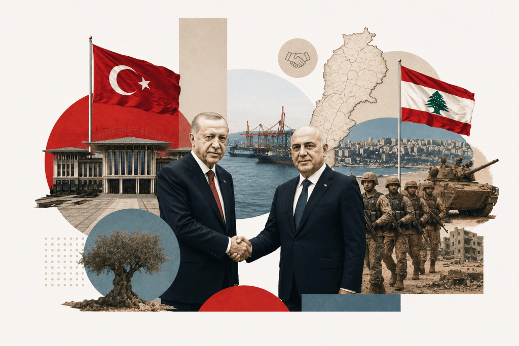 Cumhurbaşkanı Recep Tayyip Erdoğan ile Lübnan Cumhurbaşkanı Joseph Avn'ın tokalaştığı, Türk ve Lübnan bayrakları, Cumhurbaşkanlığı Külliyesi, Lübnan haritası, liman, askerî unsurlar ve savaş sonrası yıkımı simgeleyen görsellerin yer aldığı beyaz zeminli minimalist editoryal kolaj. Görsel, Türkiye'nin Lübnan'da artan diplomatik ve stratejik rolünü, Doğu Akdeniz güvenliği ile bölgesel güç dengeleri bağlamında temsil ediyor.