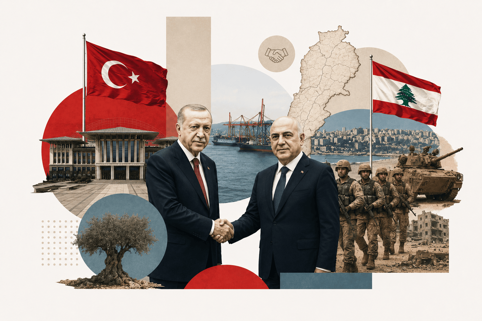 Cumhurbaşkanı Recep Tayyip Erdoğan ile Lübnan Cumhurbaşkanı Joseph Avn'ın tokalaştığı, Türk ve Lübnan bayrakları, Cumhurbaşkanlığı Külliyesi, Lübnan haritası, liman, askerî unsurlar ve savaş sonrası yıkımı simgeleyen görsellerin yer aldığı beyaz zeminli minimalist editoryal kolaj. Görsel, Türkiye'nin Lübnan'da artan diplomatik ve stratejik rolünü, Doğu Akdeniz güvenliği ile bölgesel güç dengeleri bağlamında temsil ediyor.