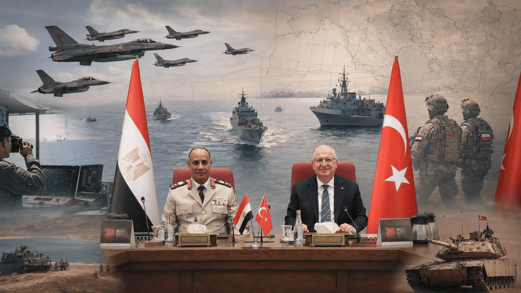 Türkiye ve Mısır arasındaki savunma yakınlaşmasını yansıtan kolaj; merkezde iki ülkenin savunma yetkilileri, arka planda savaş uçakları, savaş gemileri, askerler, tank ve Doğu Akdeniz haritası yer alıyor.