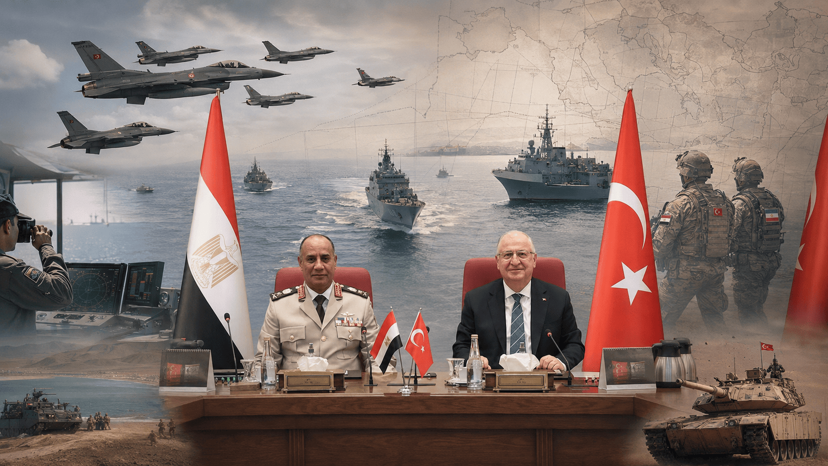 Türkiye ve Mısır arasındaki savunma yakınlaşmasını yansıtan kolaj; merkezde iki ülkenin savunma yetkilileri, arka planda savaş uçakları, savaş gemileri, askerler, tank ve Doğu Akdeniz haritası yer alıyor.