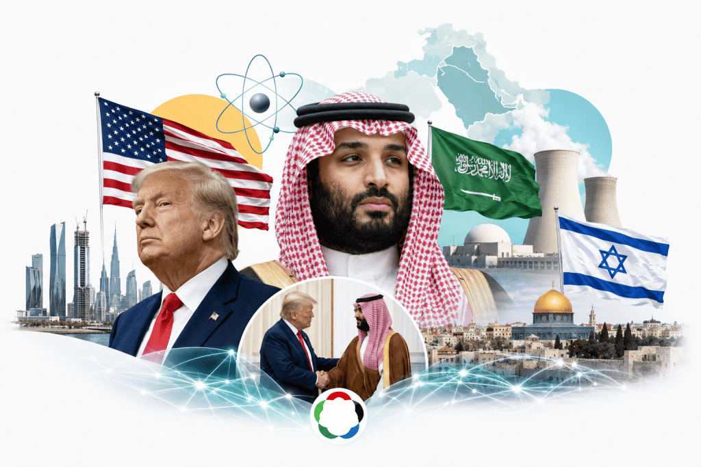 Donald Trump ve Muhammed bin Selman’ın yer aldığı; ABD, Suudi Arabistan ve İsrail bayraklarıyla nükleer enerji tesislerini bir araya getiren diplomatik kolaj.