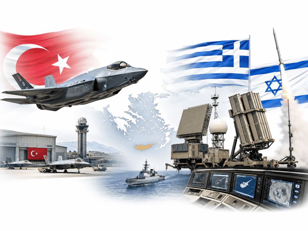 Türk bayrağı ve F-35 savaş uçağının karşısında Yunanistan ile İsrail bayrakları, hava savunma sistemleri, radarlar ve Doğu Akdeniz haritasını gösteren gerçekçi kolaj.