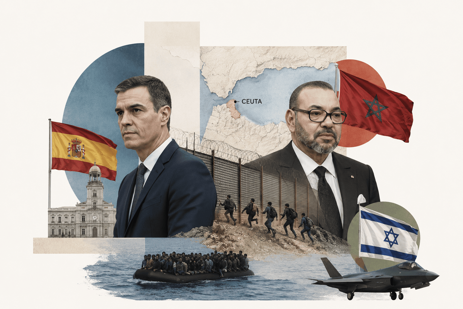 İspanya, Fas ve İsrail arasındaki jeopolitik gerilimi simgeleyen; Ceuta haritası, sınır çiti, göçmen teknesi, İspanya ve Fas bayrakları ile iki ülke liderlerini içeren editoryal kolaj.