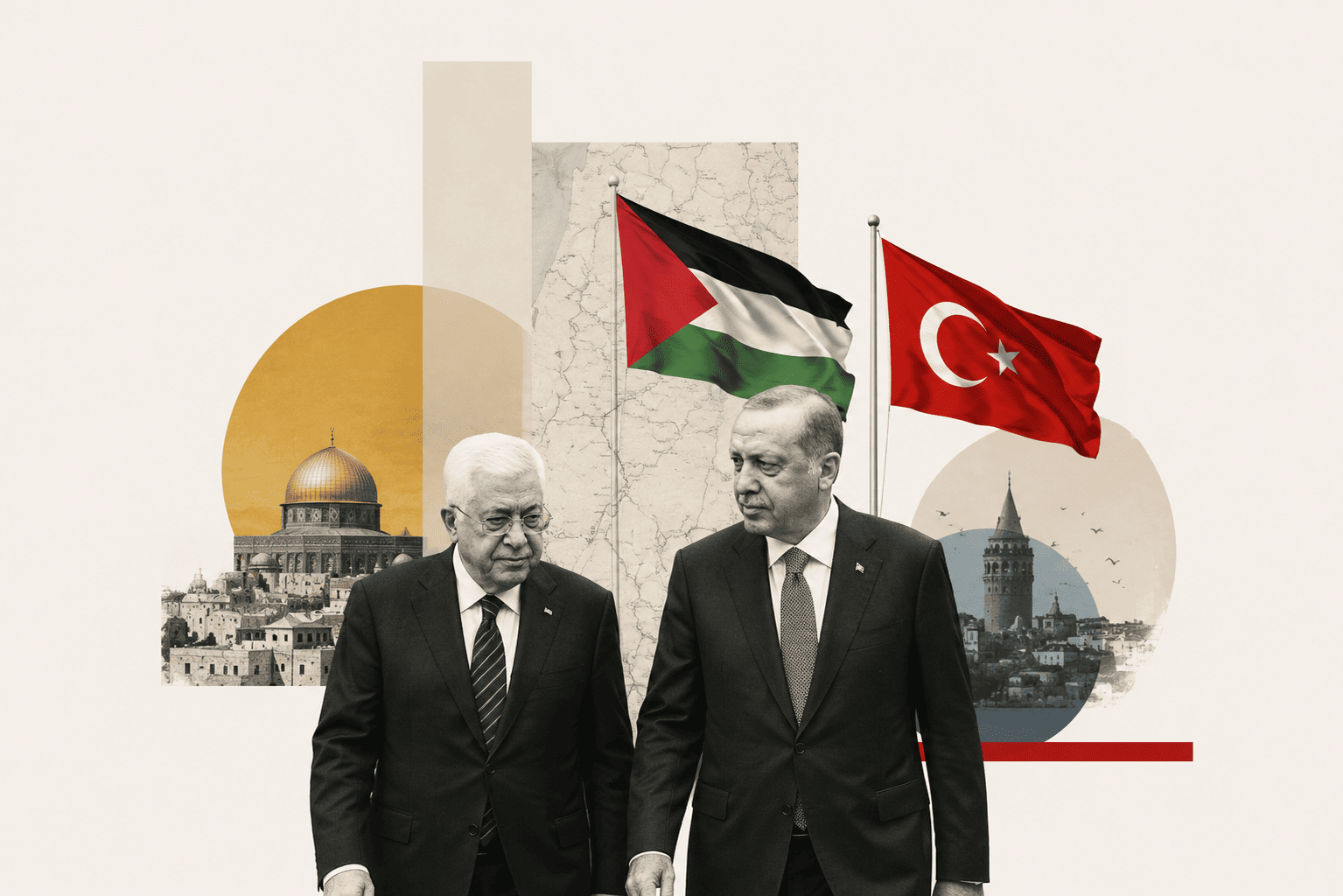Cumhurbaşkanı Recep Tayyip Erdoğan ve Filistin Devlet Başkanı Mahmud Abbas’ın Türkiye ve Filistin bayrakları, Kudüs ve İstanbul siluetleri önünde yer aldığı kolaj.