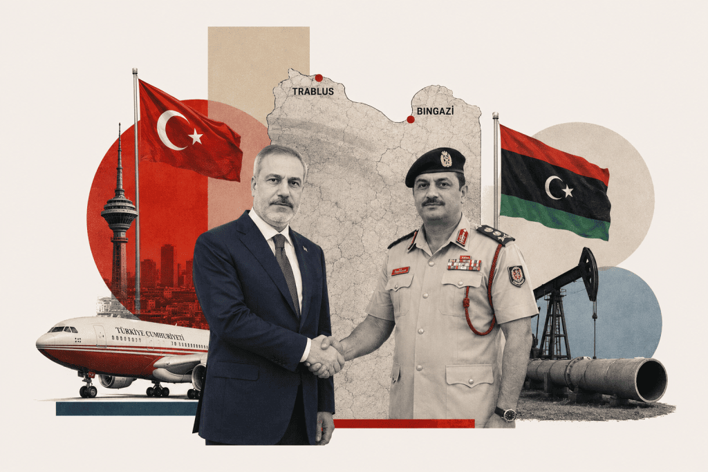 Alt text: Hakan Fidan ve Saddam Hafter’in Türkiye-Libya ilişkilerini simgeleyen, Libya haritası, Türk ve Libya bayrakları, petrol altyapısı ve enerji unsurlarının yer aldığı jeopolitik kolaj.