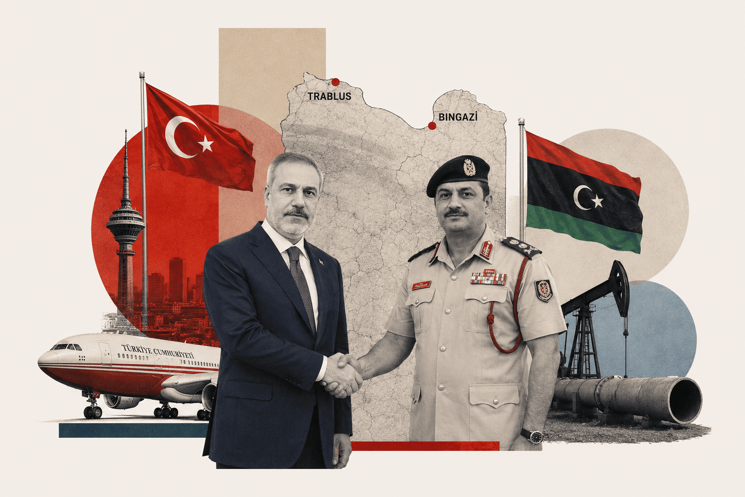 Alt text: Hakan Fidan ve Saddam Hafter’in Türkiye-Libya ilişkilerini simgeleyen, Libya haritası, Türk ve Libya bayrakları, petrol altyapısı ve enerji unsurlarının yer aldığı jeopolitik kolaj.