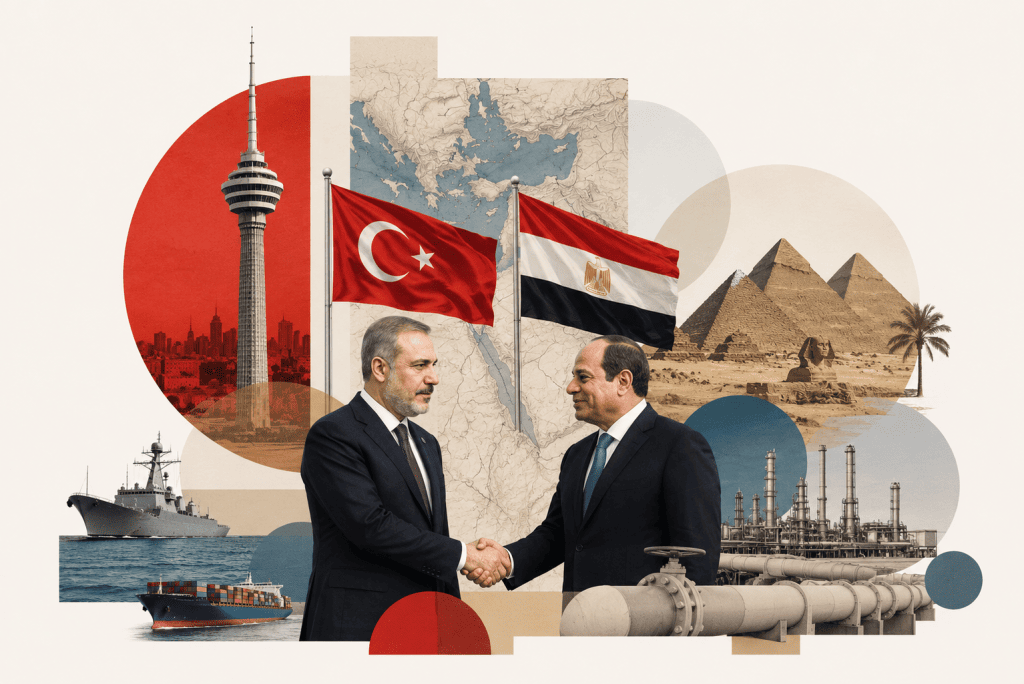 Türkiye ve Mısır bayrakları, Hakan Fidan ve Abdulfettah es-Sisi’nin el sıkışması, Mısır piramitleri, bölge haritası, savaş gemisi ve enerji altyapısını bir araya getiren Türkiye-Mısır ilişkileri temalı jeopolitik kolaj.