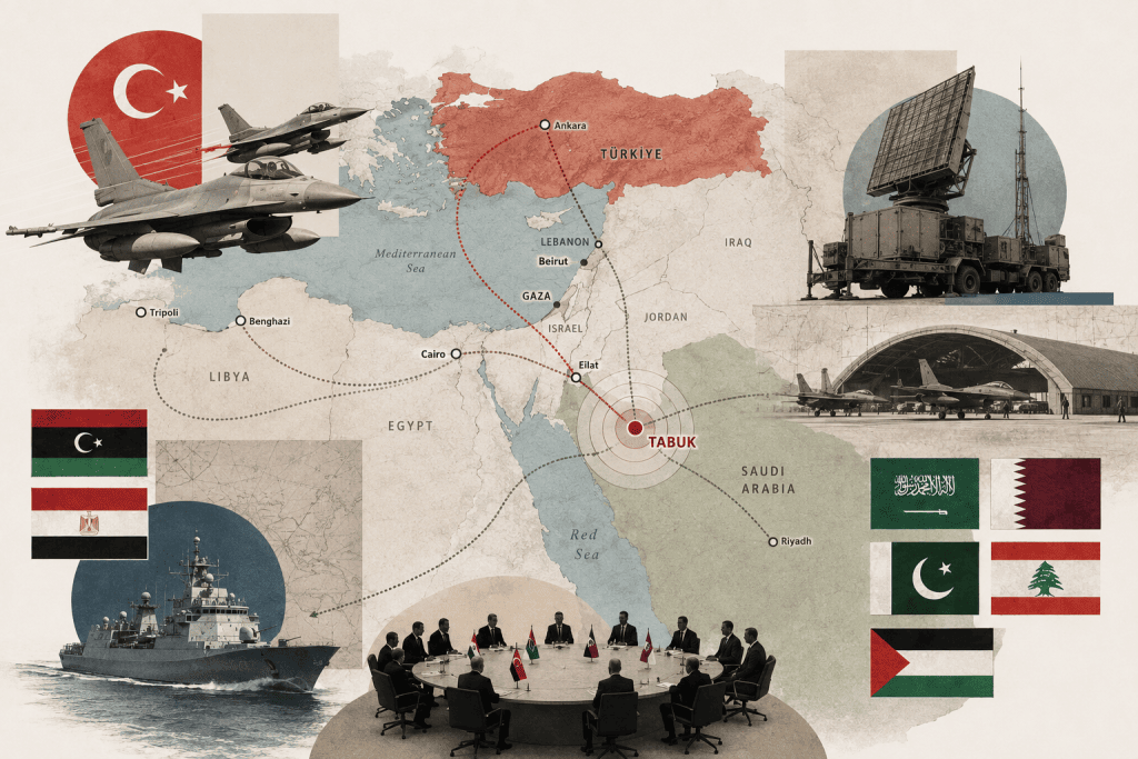 Türkiye, Suudi Arabistan, Pakistan, Mısır ve Katar eksenindeki yeni bölgesel güvenlik denkleminde Tebük, Türk F-16’ları, hava savunma sistemleri ve diplomasi trafiğini gösteren jeopolitik kolaj.