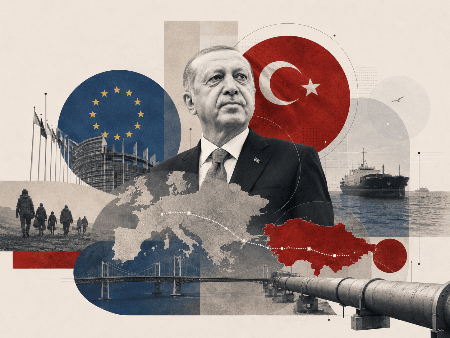 Cumhurbaşkanı Recep Tayyip Erdoğan’ın merkezde yer aldığı, Türkiye ve Avrupa Birliği bayrakları, Avrupa haritası, Türkiye, enerji boru hattı, köprü ve Avrupa kurumlarını simgeleyen unsurlardan oluşan Türkiye-AB ilişkileri temalı jeopolitik kolaj.