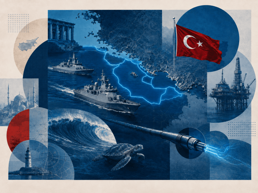 Doğu Akdeniz haritası, Türk bayrağı, denizaltı elektrik kablosu, enerji platformu ve deniz kaplumbağasının yer aldığı Mavi Vatan temalı jeopolitik kolaj.
