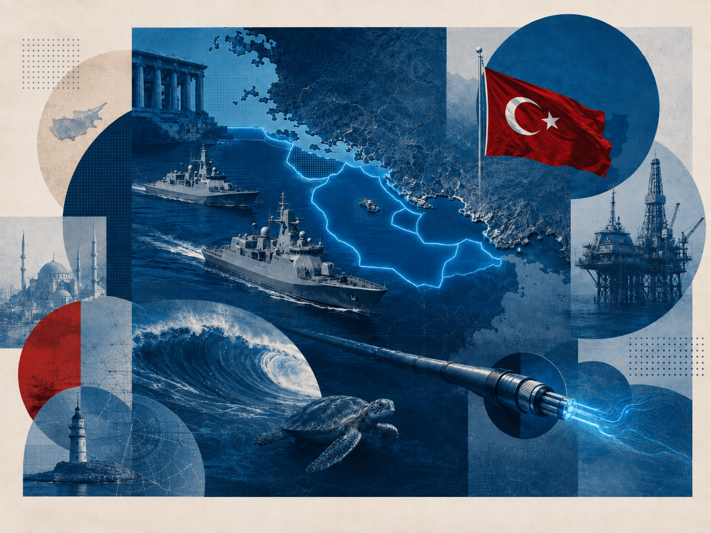 Doğu Akdeniz haritası, Türk bayrağı, denizaltı elektrik kablosu, enerji platformu ve deniz kaplumbağasının yer aldığı Mavi Vatan temalı jeopolitik kolaj.