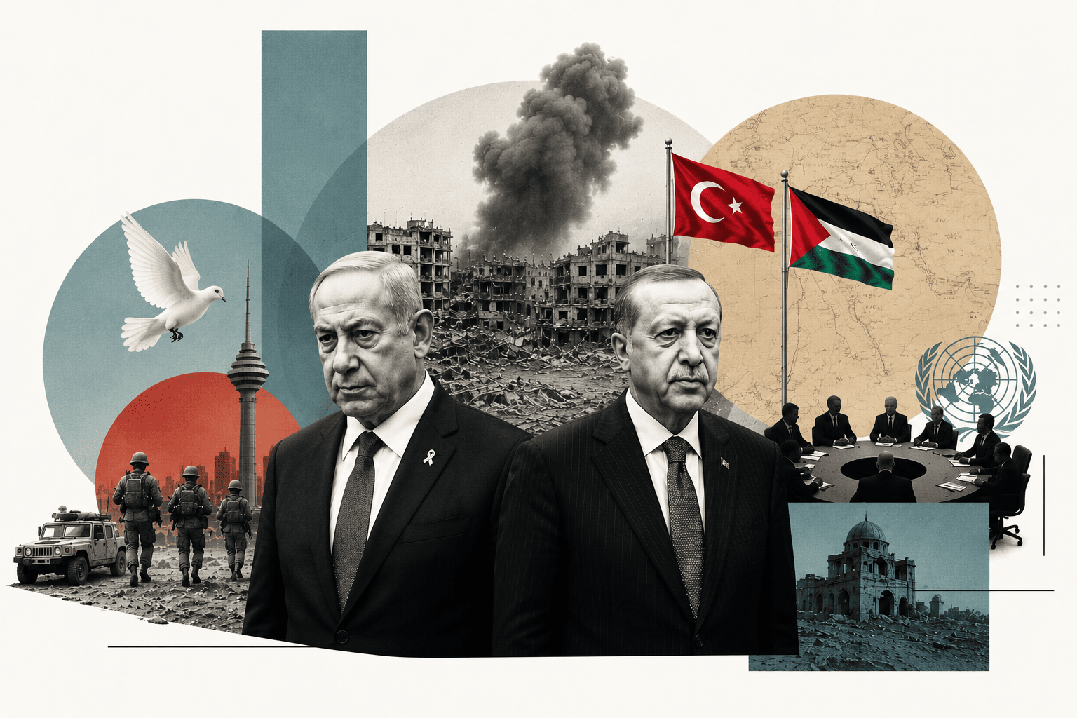 Gazze'deki ateşkes sürecini konu alan editoryal kolaj. Ön planda İsrail Başbakanı Binyamin Netanyahu ile Türkiye Cumhurbaşkanı Recep Tayyip Erdoğan yer alırken, arka planda savaşın yıkıma uğrattığı Gazze, Türk ve Filistin bayrakları, Birleşmiş Milletler toplantısını simgeleyen görseller, askerler ve barış güvercini bulunuyor. Görsel, ateşkesin ikinci aşaması ile Türkiye'nin diplomatik rolüne ilişkin jeopolitik tartışmayı temsil ediyor.