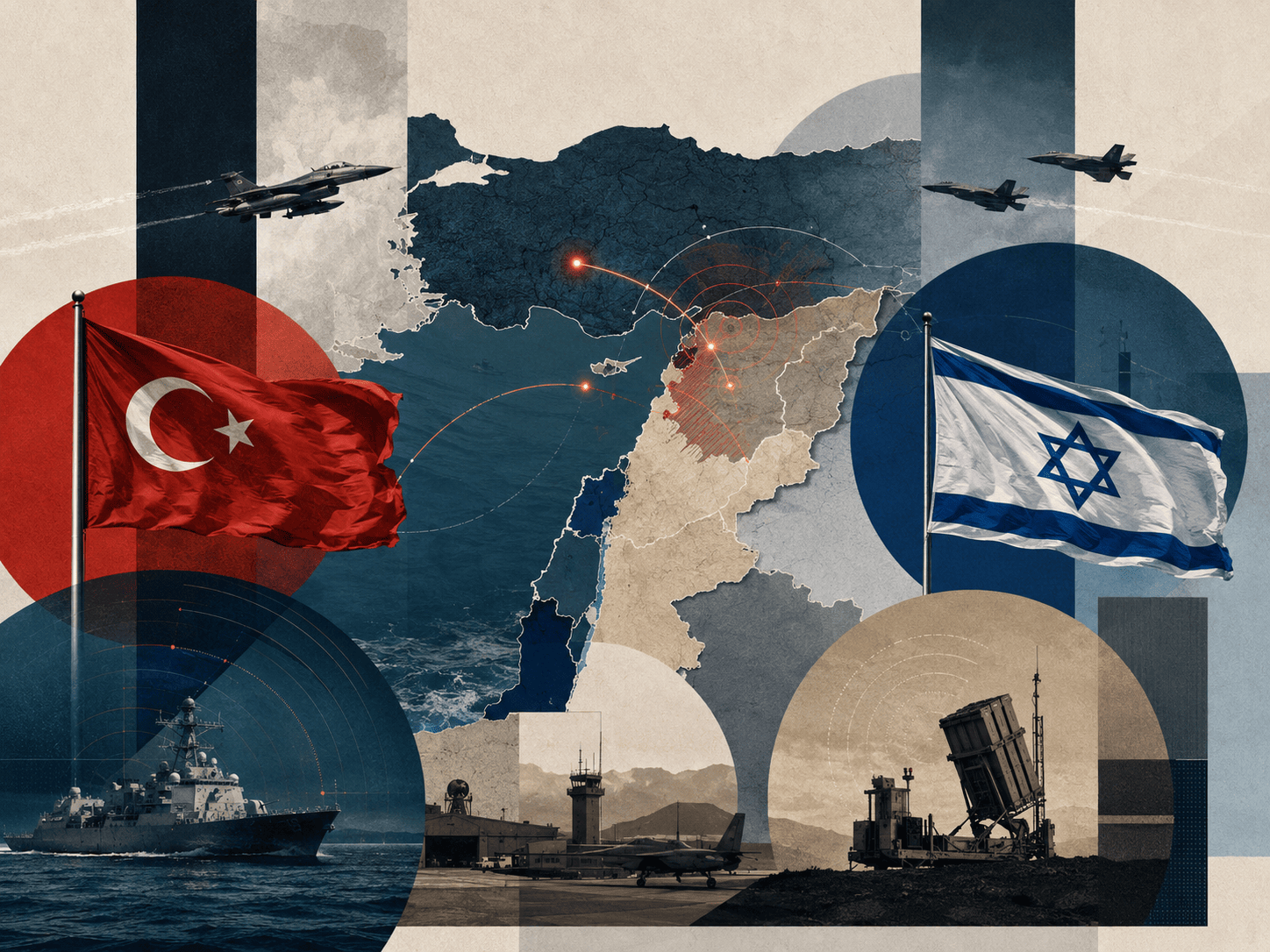 Türkiye ve İsrail bayrakları, Suriye haritası, savaş uçakları, savaş gemisi ve hava savunma sistemlerinin yer aldığı jeopolitik gerilim temalı kolaj.