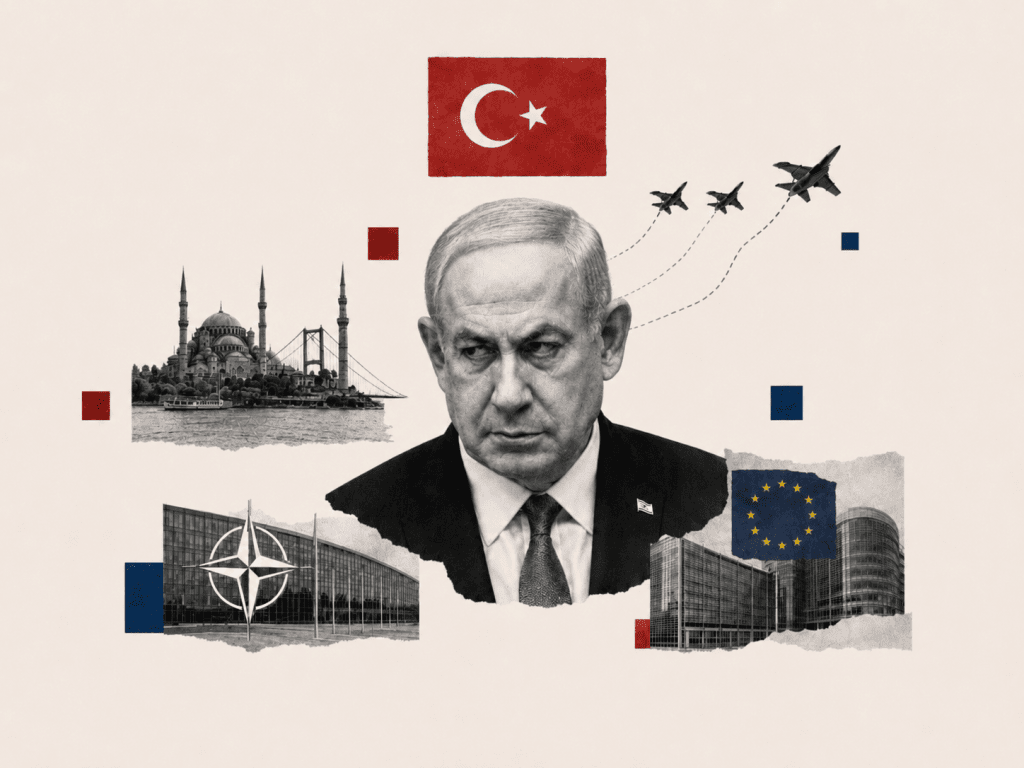 Binyamin Netanyahu’nun merkezde yer aldığı, Türkiye, NATO ve Avrupa Birliği unsurlarını bir araya getiren jeopolitik kolaj.