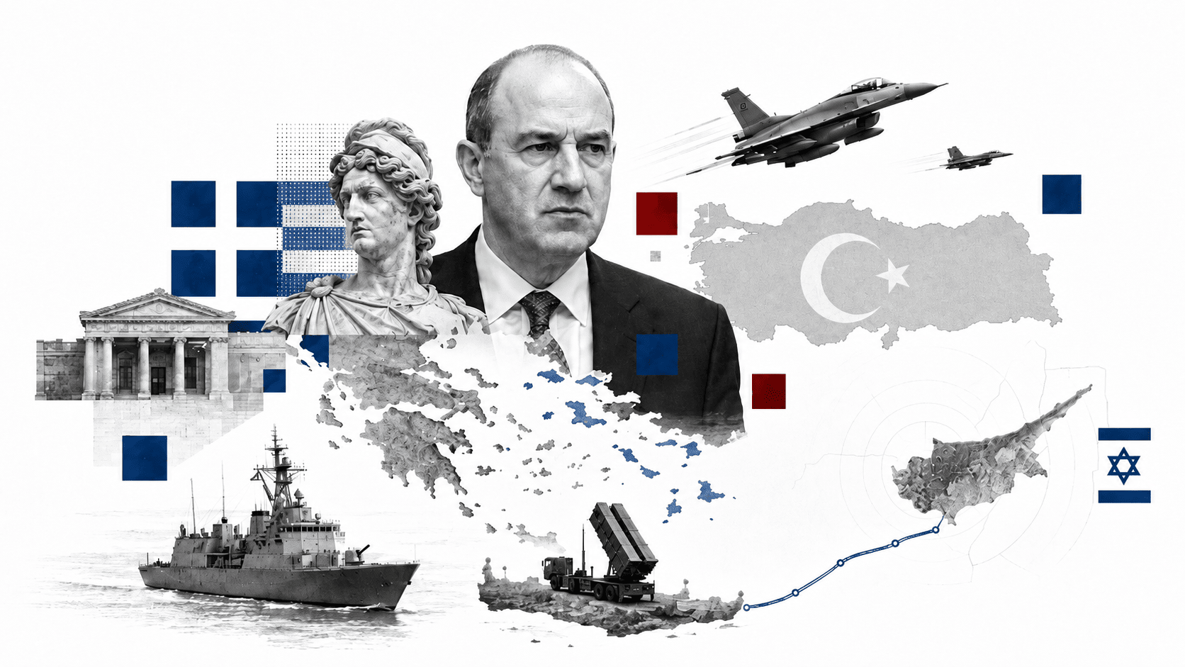 Yunanistan-Türkiye gerilimini simgeleyen kolaj; Ege haritası, savaş uçakları, fırkateyn, Patriot sistemi, Türkiye ve İsrail unsurları.
