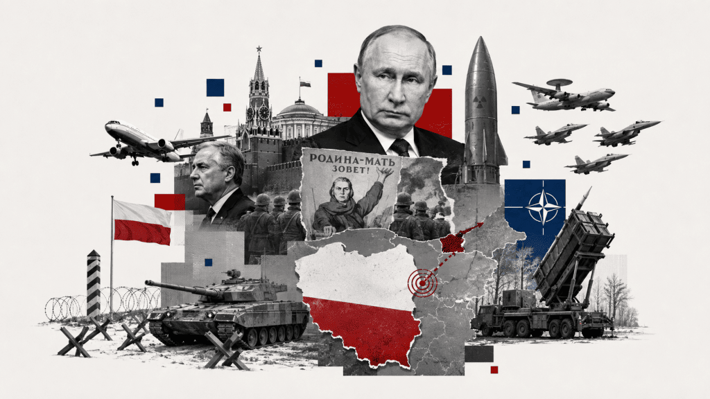 Vladimir Putin, Kremlin, nükleer füze, NATO savaş uçakları, Patriot hava savunma sistemi, Polonya haritası ve sınır tahkimatlarını bir araya getiren Rusya-NATO gerilimi temalı kolaj görseli.