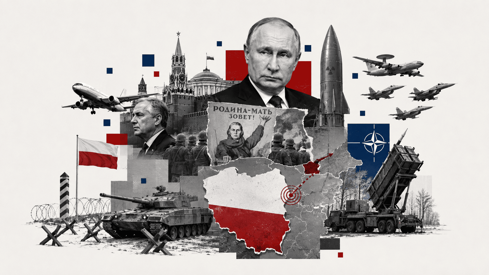 Vladimir Putin, Kremlin, nükleer füze, NATO savaş uçakları, Patriot hava savunma sistemi, Polonya haritası ve sınır tahkimatlarını bir araya getiren Rusya-NATO gerilimi temalı kolaj görseli.