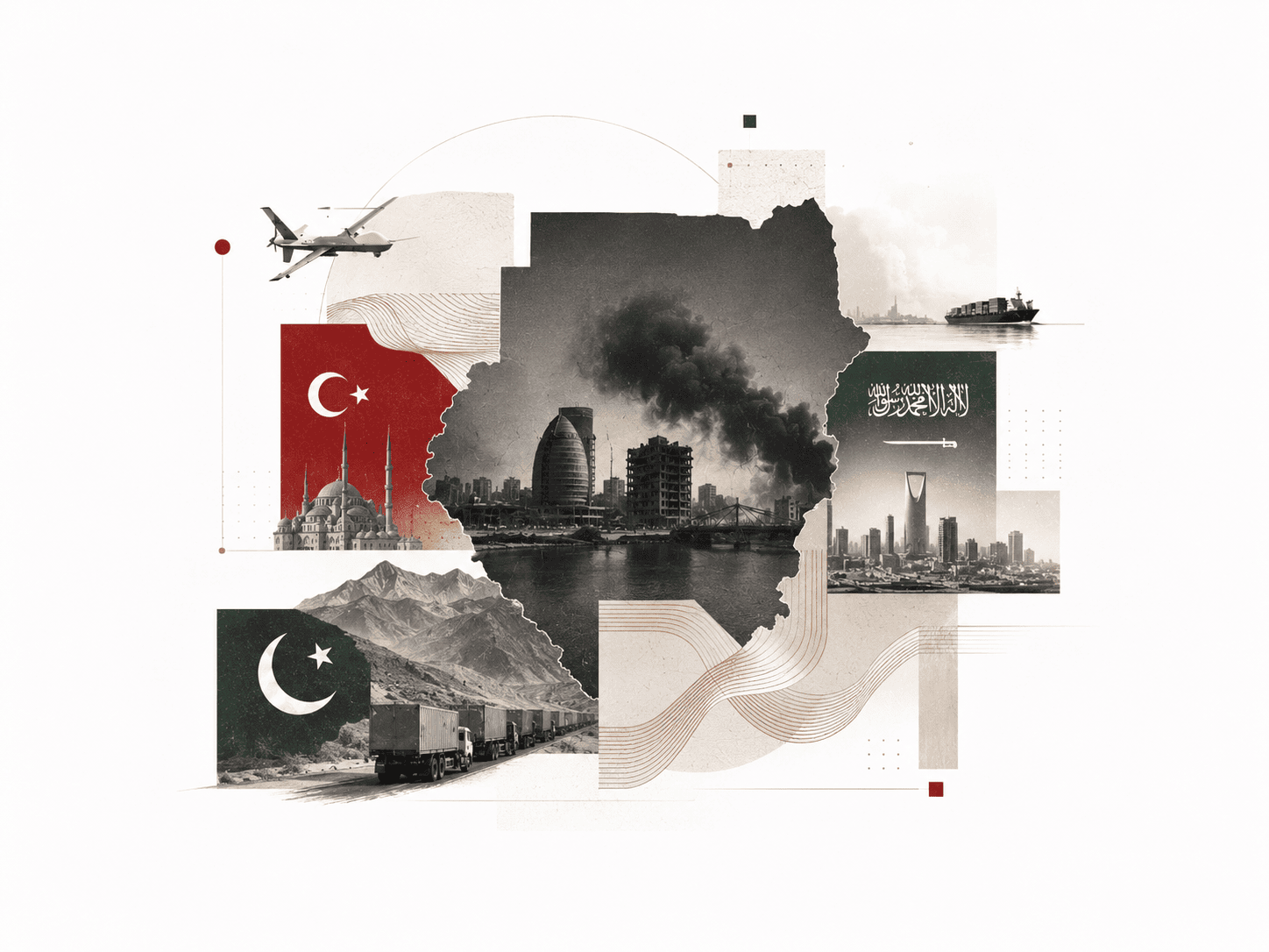 Sudan savaşını merkezine alan, Türkiye, Suudi Arabistan ve Pakistan’ın bölgedeki artan rolünü simgeleyen jeopolitik kolaj.