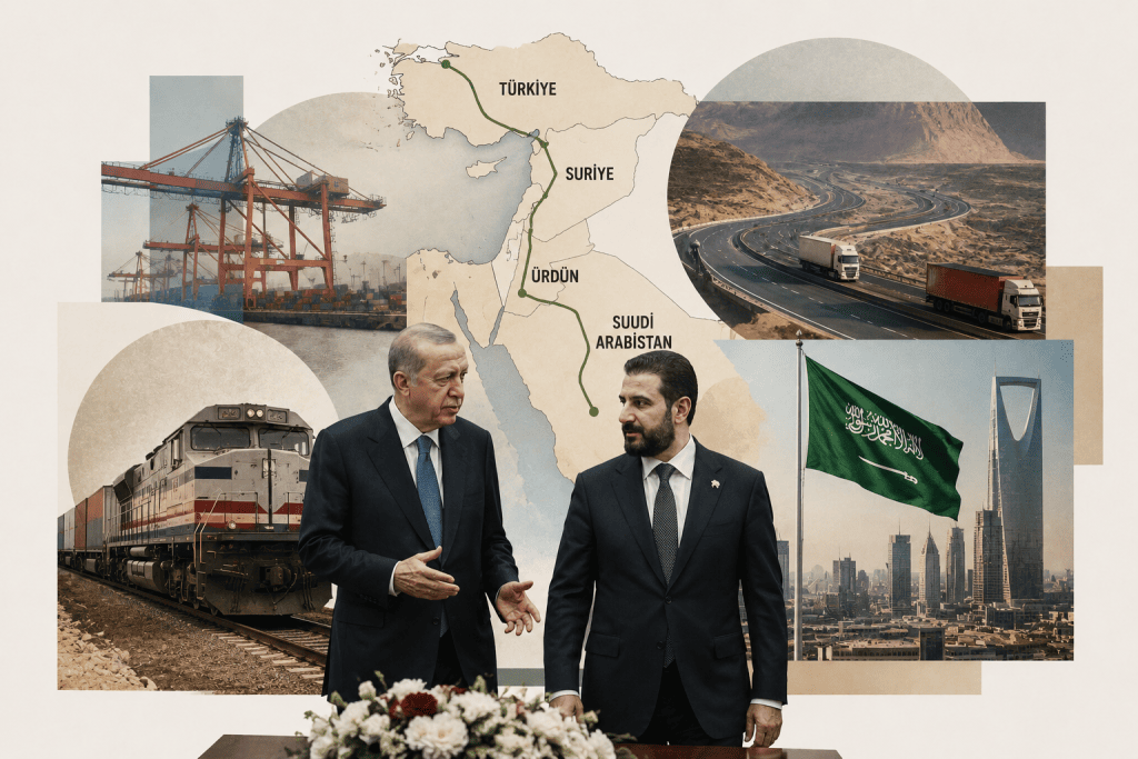 Türkiye Cumhurbaşkanı Recep Tayyip Erdoğan ile Suriye Dışişleri Bakanı Esad Hasan Şeybani'nin yer aldığı gerçekçi editoryal kolaj. Arka planda Türkiye, Suriye, Ürdün ve Suudi Arabistan'ı gösteren harita, kara ve demiryolu koridorunu simgeleyen rota, yük treni, konteyner limanı, otoyol, kamyonlar, Suudi Arabistan bayrağı ve Riyad silüeti bulunuyor. Görsel, Türkiye'nin Suriye üzerinden Körfez'e uzanan yeni jeoekonomik ulaştırma ve ticaret vizyonunu temsil ediyor.