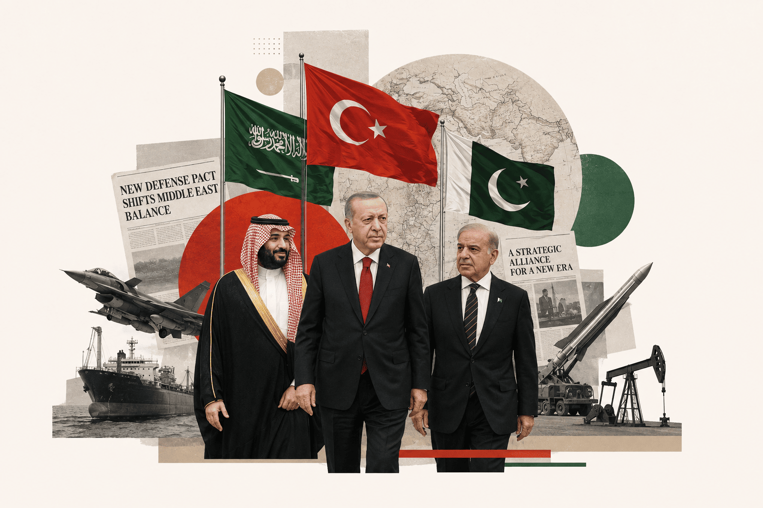 Türkiye, Suudi Arabistan ve Pakistan liderleri ile üç ülkenin bayraklarını, askerî unsurları, Orta Doğu haritasını ve anlaşmanın uluslararası basındaki yankılarını temsil eden gazete manşetlerini gösteren Mekke Anlaşması kolajı.
