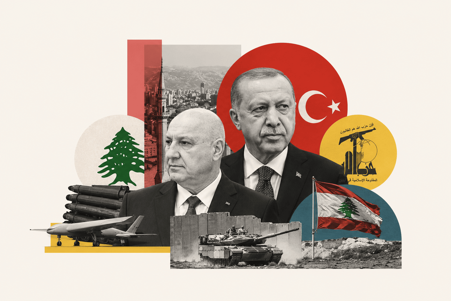 Cumhurbaşkanı Recep Tayyip Erdoğan ve Lübnan Cumhurbaşkanı Joseph Avn’ın yer aldığı, Türkiye ve Lübnan bayrakları ile Hizbullah ve askerî unsurları gösteren kolaj.