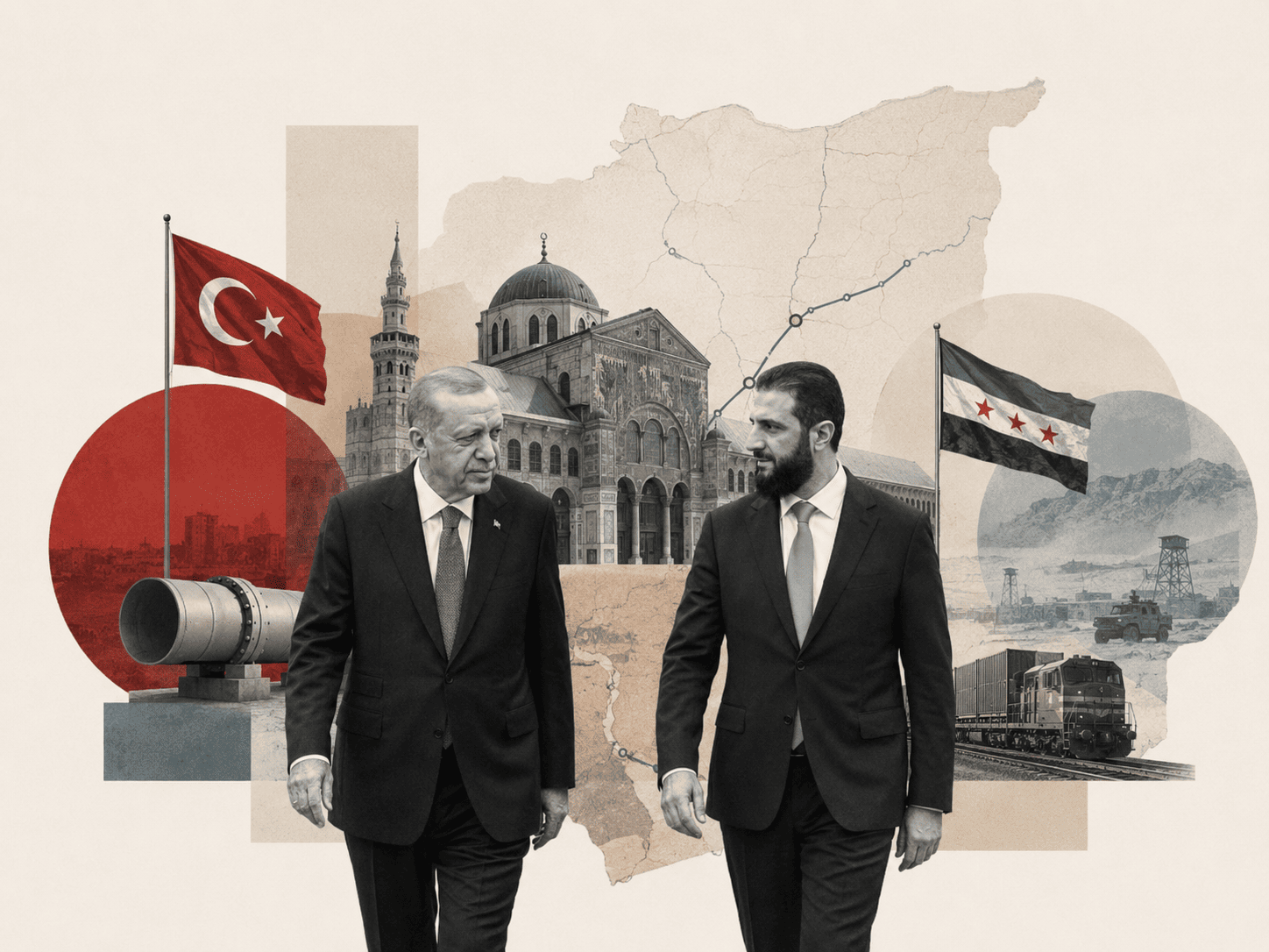 Recep Tayyip Erdoğan ve Ahmed Şara’nın ön planda yer aldığı; Emevi Camii, Türkiye ve Suriye bayrakları, Suriye haritası, enerji boru hattı ve ticaret koridorlarını simgeleyen trenin bulunduğu kolaj.