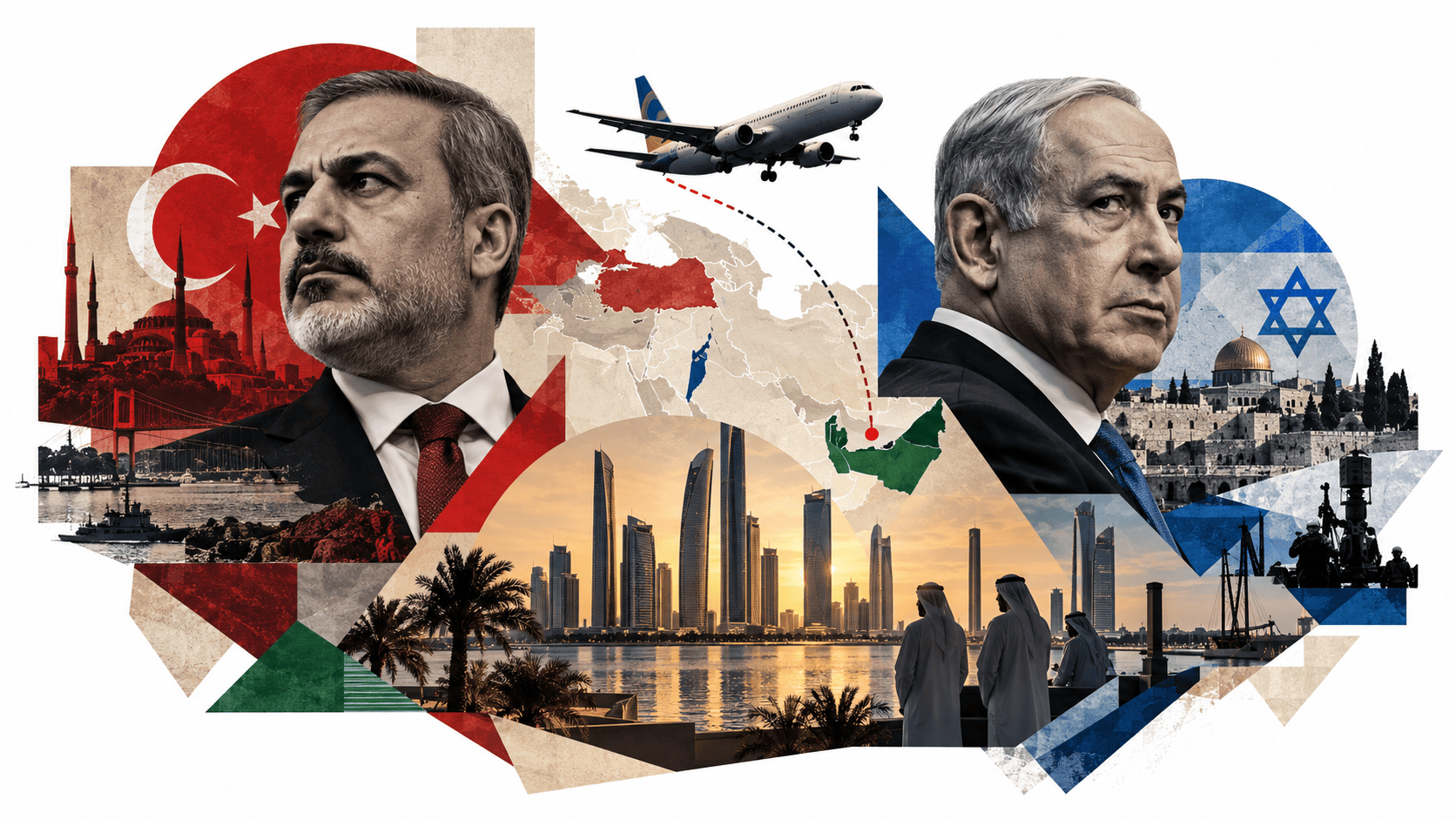 Beyaz fon üzerinde Hakan Fidan ve Binyamin Netanyahu’nun portrelerini, Türkiye, İsrail ve BAE’yi simgeleyen unsurları, Abu Dabi silüetini, Orta Doğu haritasını ve Flydubai uçağını bir araya getiren jeopolitik kolaj.