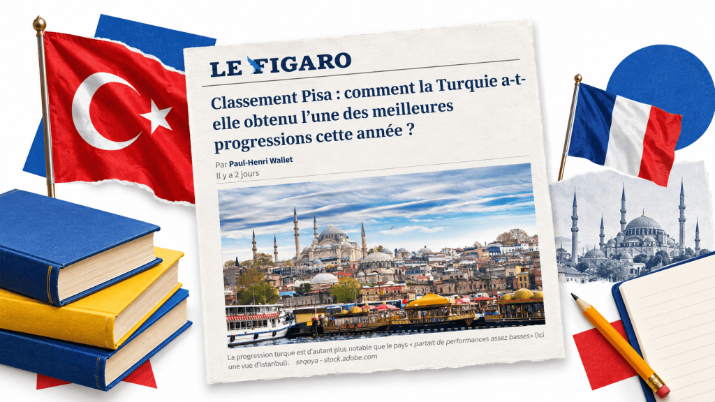 Türkiye’nin PISA başarısını konu alan Le Figaro haberi, Türk ve Fransız bayrakları, kitaplar ve kalemden oluşan kolaj.