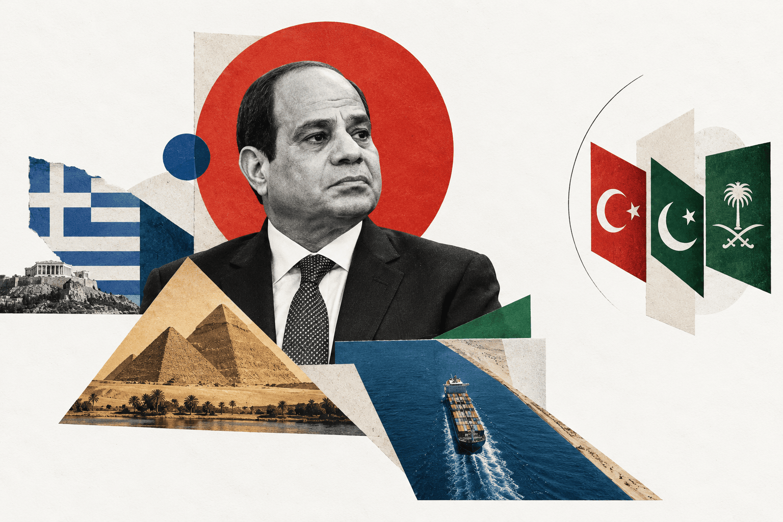 Sisi’nin portresini piramitler, Süveyş Kanalı, Yunanistan bayrağı ve Mekke İttifakı ülkelerinin sembolleriyle birleştiren kolaj.