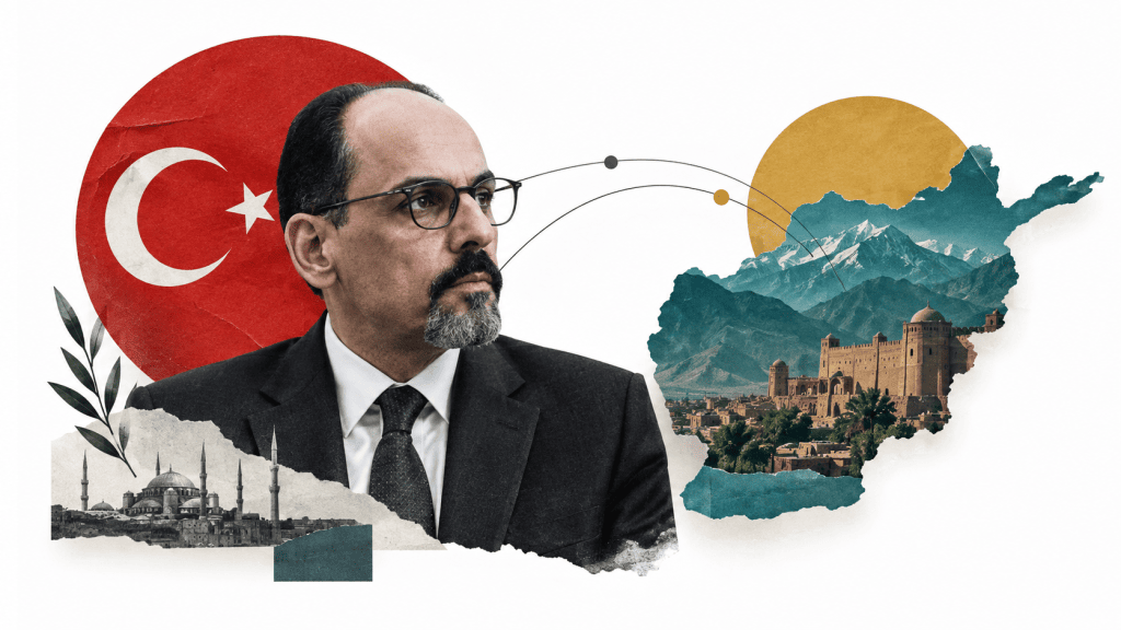Beyaz fonda İbrahim Kalın’ın portresi, Türk bayrağı motifi ve Afganistan silüeti içindeki dağlarla mimari unsurları birleştiren kolaj.